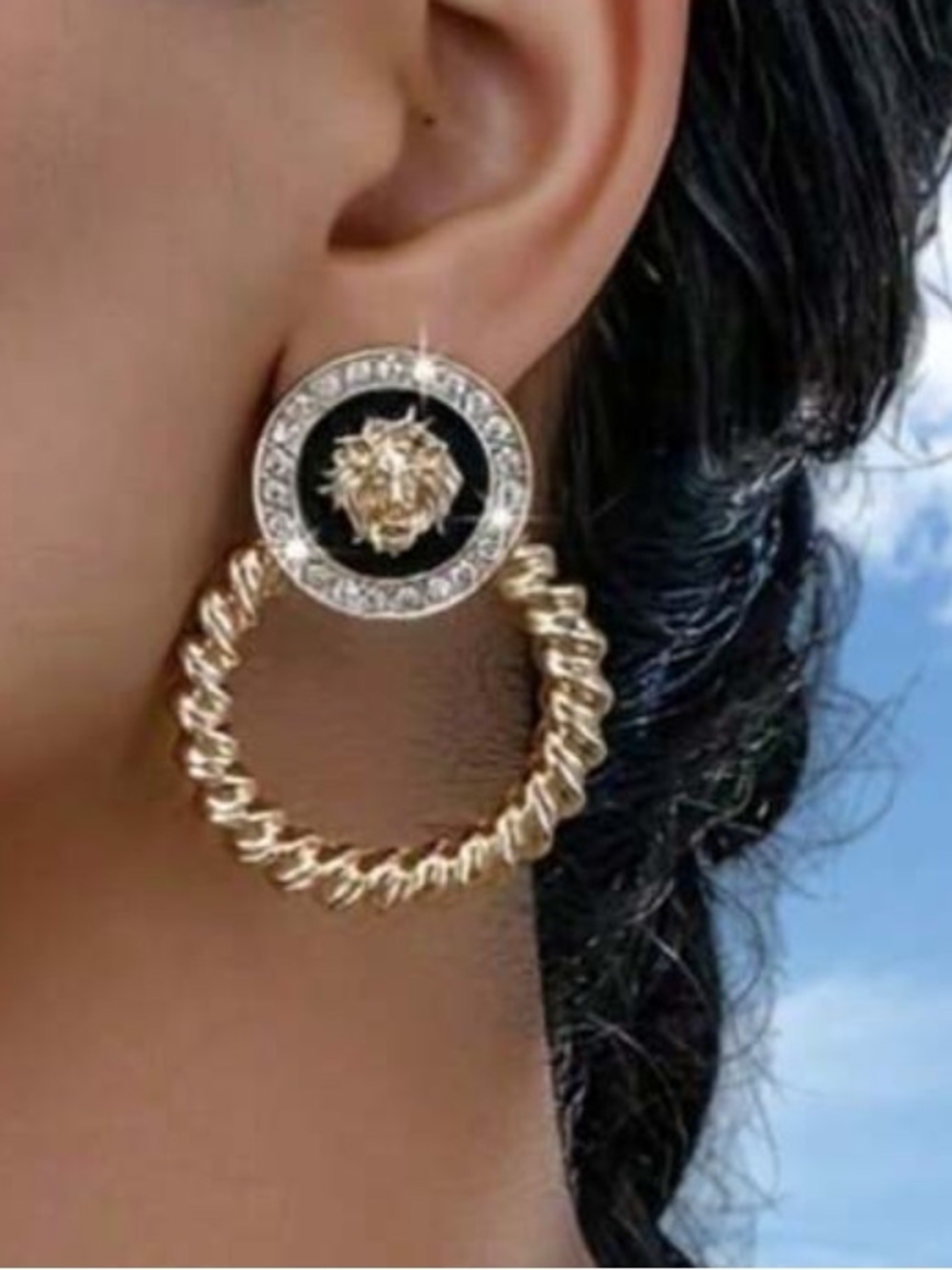 Gold Lion Head Braided Hoop Earrings - Black Accent - Picture 2 of 5